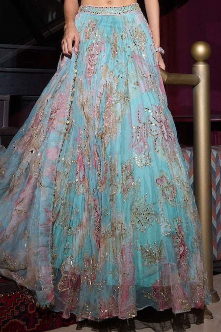 Buy_Mahima Mahajan_Blue Organza Mirrors, Sequins, Embroidery Aquamarine Floral Lehenga Set _Online_at_Aza_Fashions