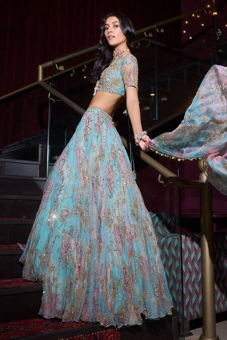 Mahima Mahajan_Blue Organza Mirrors, Sequins, Embroidery Aquamarine Floral Lehenga Set _at_Aza_Fashions