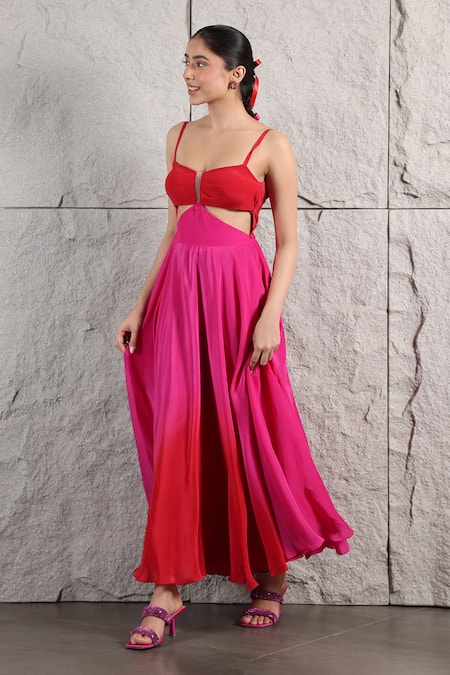 Kiran Kalsi_Red Crepe Asymmetric A-line Ombre Flared Dress _Online_at_Aza_Fashions