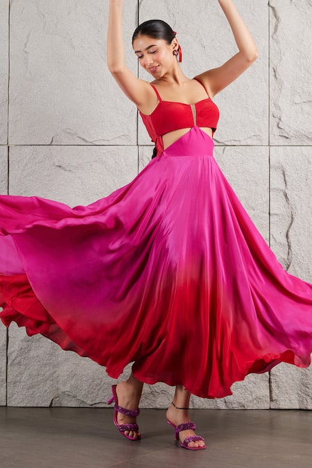 Buy_Kiran Kalsi_Red Crepe Asymmetric A-line Ombre Flared Dress _Online_at_Aza_Fashions