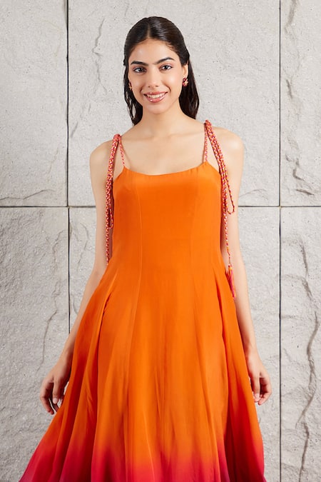Kiran Kalsi_Orange Crepe Square Neck Ombre Flared Maxi Dress _Online_at_Aza_Fashions