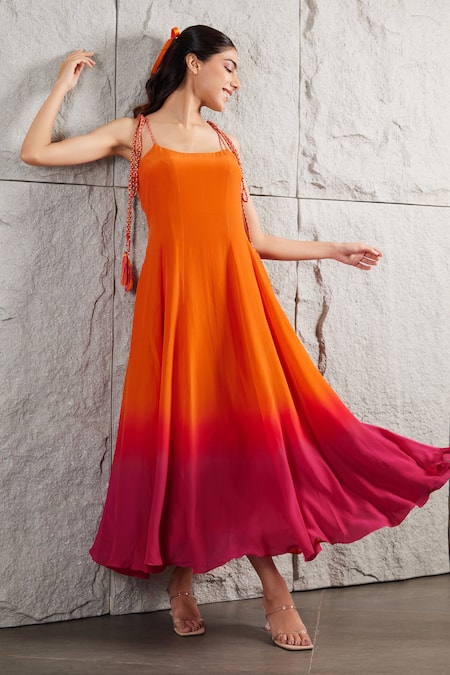 Buy_Kiran Kalsi_Orange Crepe Square Neck Ombre Flared Maxi Dress _Online_at_Aza_Fashions