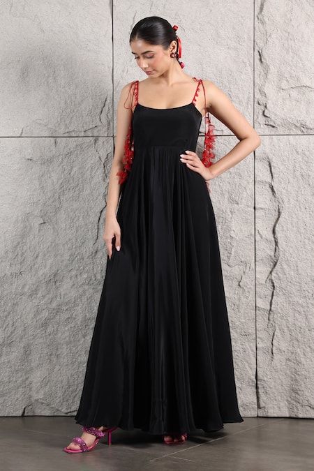 KIRAN KALSI Black Crepe Embroidery Leaf Square Strap Flared Dress 