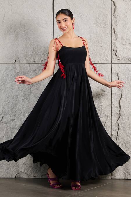 Kiran Kalsi_Black Crepe Crystals Square Neck Flared Dress With Leaf Embroidery _Online_at_Aza_Fashions