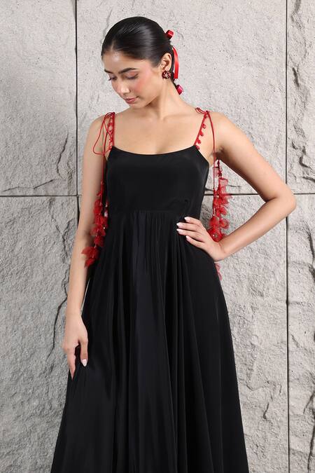 Buy_Kiran Kalsi_Black Crepe Crystals Square Neck Flared Dress With Leaf Embroidery _Online_at_Aza_Fashions