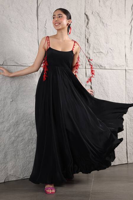 Shop_Kiran Kalsi_Black Crepe Crystals Square Neck Flared Dress With Leaf Embroidery _Online_at_Aza_Fashions