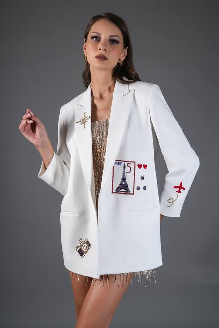 Buy_Kyra By Nina + Deepika_Ivory Crepe Sequins, Stones, Embroidery Travel Motif Blazer _Online_at_Aza_Fashions