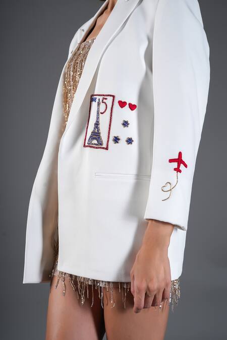 Kyra By Nina + Deepika_Ivory Crepe Sequins, Stones, Embroidery Travel Motif Blazer _at_Aza_Fashions