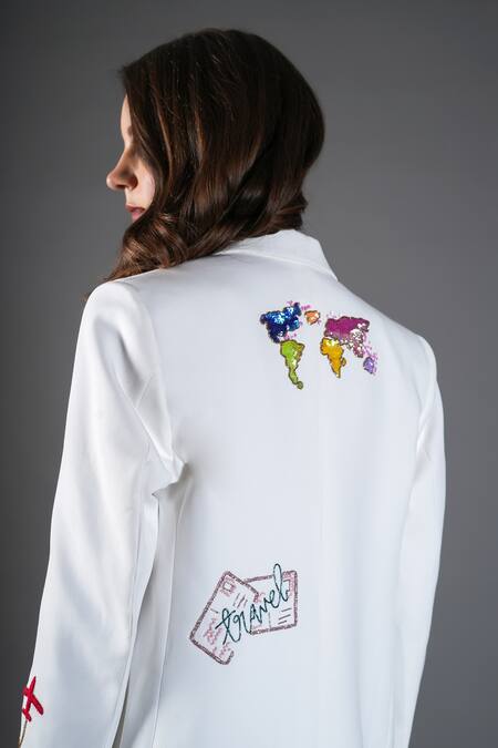 Buy_Kyra By Nina + Deepika_Ivory Crepe Sequins, Stones, Embroidery Travel Motif Blazer 