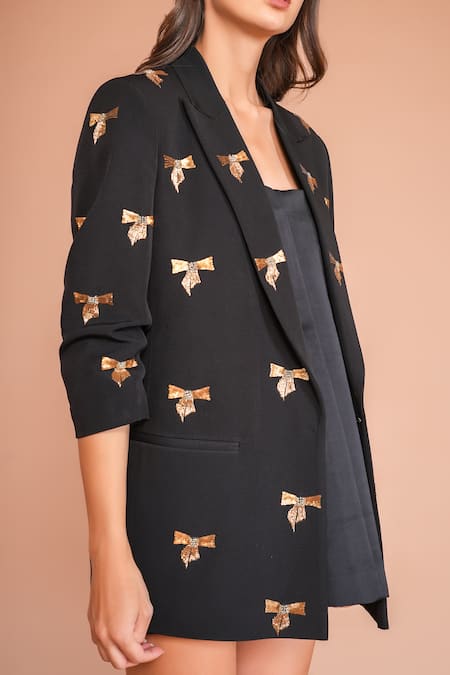 Kyra By Nina + Deepika_Black Crepe Sequins Bow Embroidered Blazer _at_Aza_Fashions