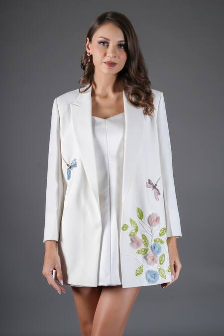 Kyra By Nina + Deepika_Ivory Crepe Embroidery, Sequins Floral Dragonfly Blazer_Online_at_Aza_Fashions