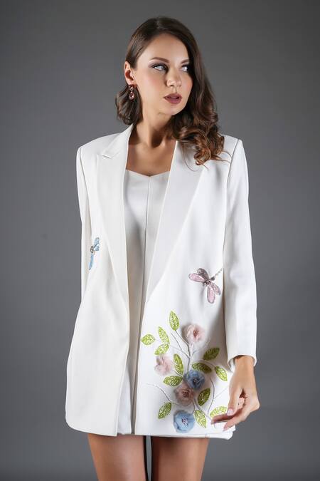 Buy_Kyra By Nina + Deepika_Ivory Crepe Embroidery, Sequins Floral Dragonfly Blazer_Online_at_Aza_Fashions