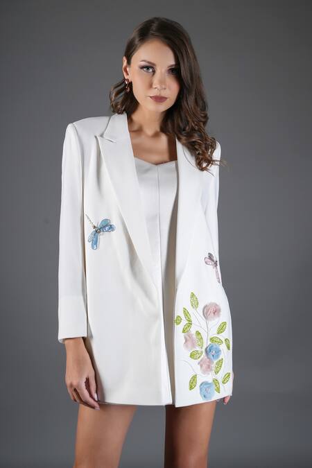 Shop_Kyra By Nina + Deepika_Ivory Crepe Embroidery, Sequins Floral Dragonfly Blazer_Online_at_Aza_Fashions