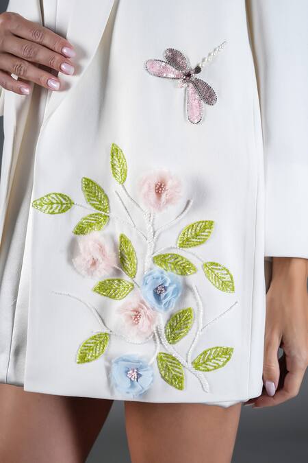 Kyra By Nina + Deepika_Ivory Crepe Embroidery, Sequins Floral Dragonfly Blazer_at_Aza_Fashions