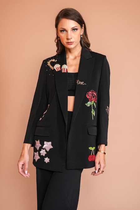Buy_Kyra By Nina + Deepika_Black Crepe Sequins, Stones, Embroidery Doodle Blazer _Online_at_Aza_Fashions