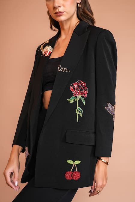 Kyra By Nina + Deepika_Black Crepe Sequins, Stones, Embroidery Doodle Blazer _at_Aza_Fashions