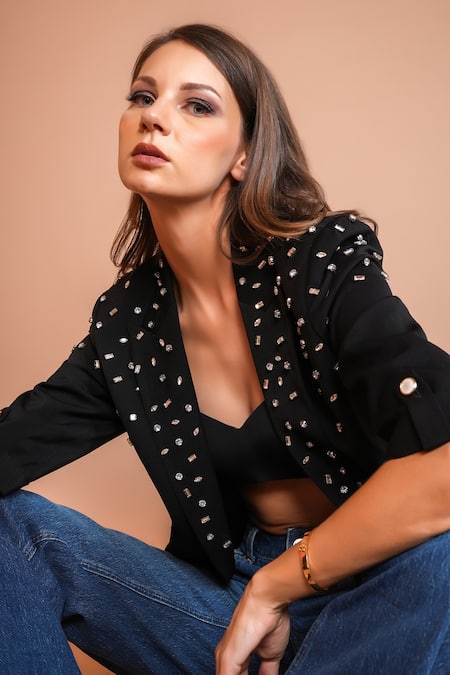 Shop_Kyra By Nina + Deepika_Black Crepe Crystals Embroidered Blazer _Online_at_Aza_Fashions