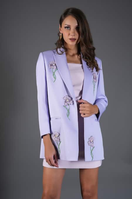 Buy_Kyra By Nina + Deepika_Lavender Crepe Sequins, Stones Floral Embroidered Blazer _Online_at_Aza_Fashions