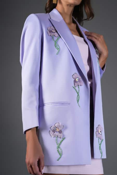 Shop_Kyra By Nina + Deepika_Lavender Crepe Sequins, Stones Floral Embroidered Blazer _Online_at_Aza_Fashions