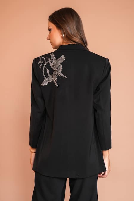 Kyra By Nina + Deepika Black Crane Embroidered Blazer 