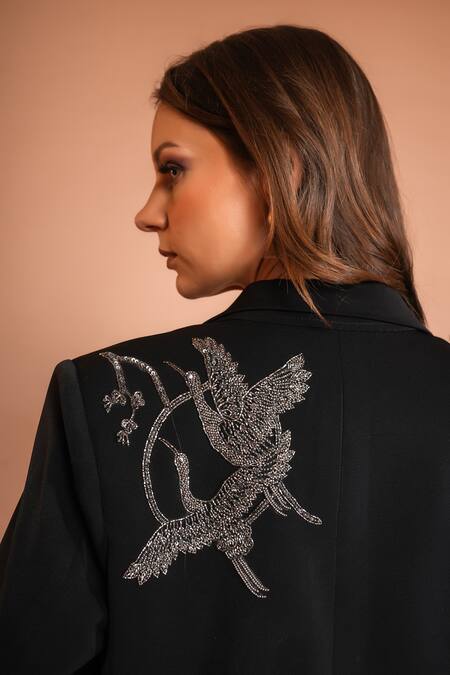 Kyra By Nina + Deepika_Black Crepe Sequins, Stones Crane Embroidered Blazer _at_Aza_Fashions