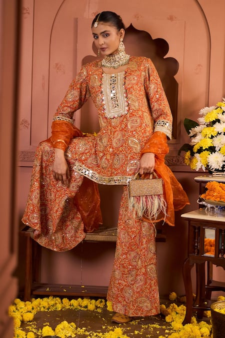 Buy_Tasuvure Indes_Orange Georgette Sequins, Mirrors Round Paisley Embroidered Kurta And Sharara Set_Online_at_Aza_Fashions