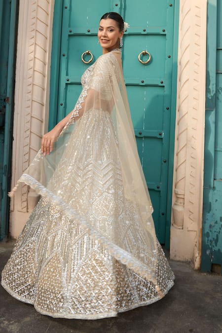 Shop_Tasuvure Indes_Ivory Net Sequins, Beads, Embroidery Scoop Neck Gold And Lehenga Set _Online_at_Aza_Fashions