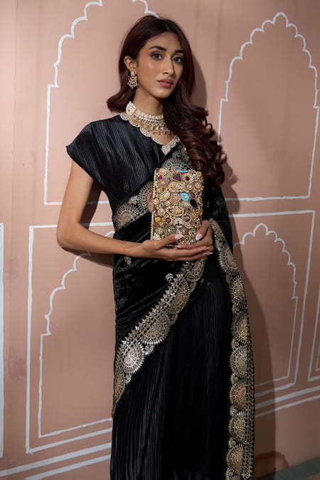Shop Tasuvure Indes Black Velvet Gota Patti V-neck Floral Embroidered Saree Gown Online at Aza Fashions Shop_Tasuvure Indes_Black Velvet Gota Patti V-neck Floral Embroidered Saree Gown_Online_at_Aza_Fashions