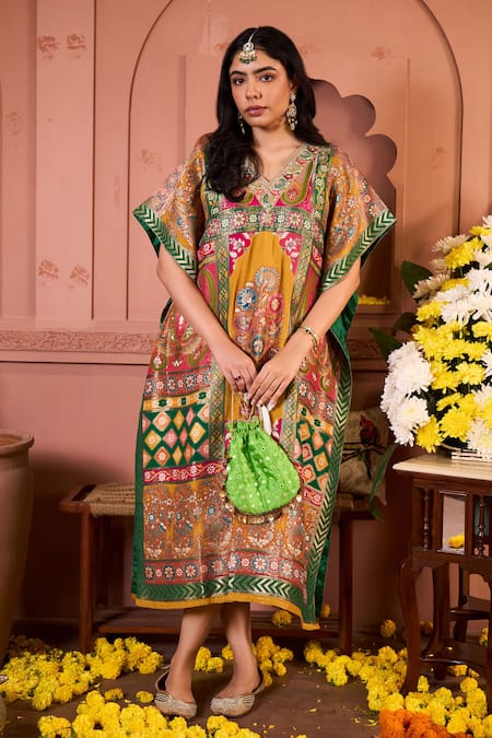 Tasuvure Indes Yellow Brocade Embroidery V-neck Floral Banarsi Kaftan Online at Aza Fashions Tasuvure Indes_Yellow Brocade Embroidery V-neck Floral Banarsi Kaftan _Online_at_Aza_Fashions