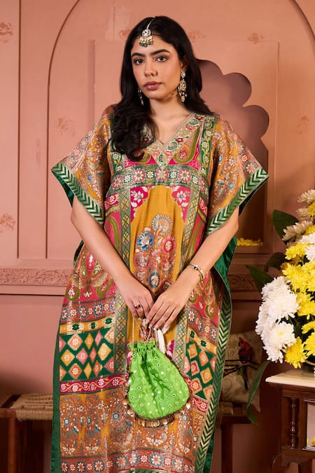 Buy Tasuvure Indes Yellow Brocade Embroidery V-neck Floral Banarsi Kaftan Online at Aza Fashions Buy_Tasuvure Indes_Yellow Brocade Embroidery V-neck Floral Banarsi Kaftan _Online_at_Aza_Fashions