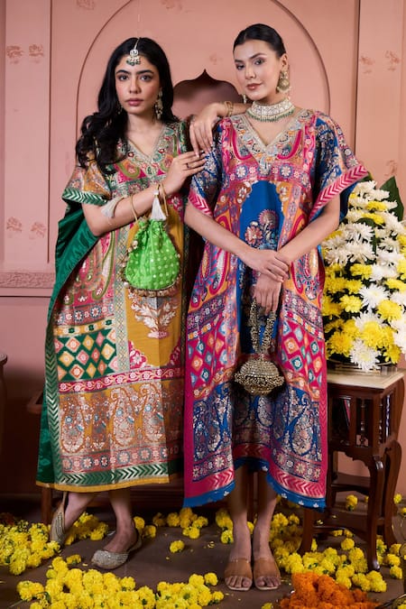 Tasuvure Indes_Blue Brocade Embroidery V-neck Floral Banarsi Kaftan _Online_at_Aza_Fashions