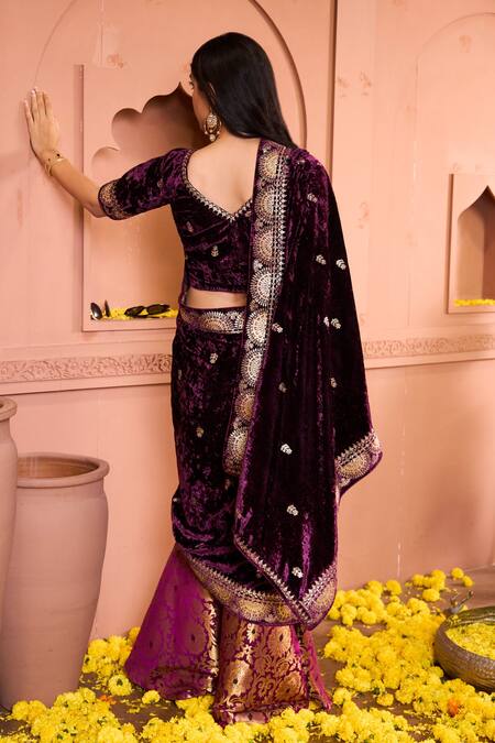 Shop Tasuvure Indes Purple Velvet, Brocade Embroidery V-neck Floral Sharara Set at Aza Fashions Shop_Tasuvure Indes_Purple Velvet, Brocade Embroidery V-neck Floral Sharara Set_at_Aza_Fashions