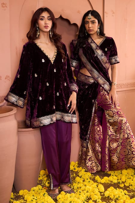 Tasuvure Indes Purple Velvet, Brocade Embroidery V-neck Floral Sharara Set Online at Aza Fashions Tasuvure Indes_Purple Velvet, Brocade Embroidery V-neck Floral Sharara Set_Online_at_Aza_Fashions