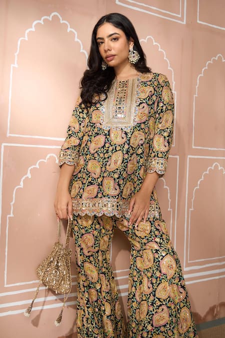 Buy Tasuvure Indes Black Georgette Sequins, Mirrors Round Neck Embroidered Kurta Set With Sharara Online at Aza Fashions Buy_Tasuvure Indes_Black Georgette Sequins, Mirrors Round Neck Embroidered Kurta Set With Sharara_Online_at_Aza_Fashions