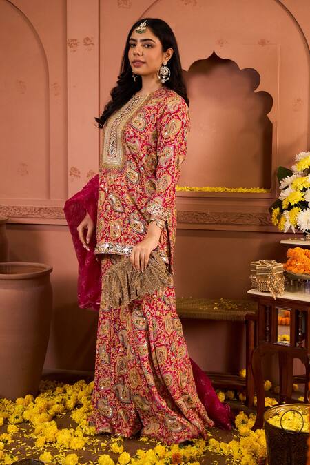 Shop_Tasuvure Indes_Fuchsia Georgette Sequins, Embroidery, Mirrors Round Neck Kurta And Sharara Set_Online_at_Aza_Fashions