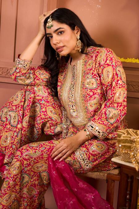 Buy_Tasuvure Indes_Fuchsia Georgette Sequins, Embroidery, Mirrors Round Neck Kurta And Sharara Set