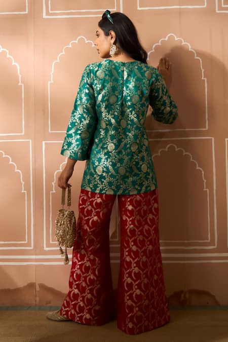 Tasuvure Indes Floral Veil Tunic & Flared Pant Set 