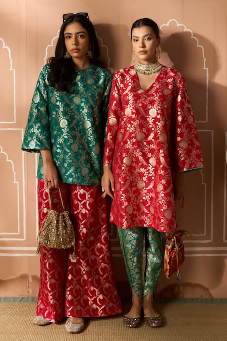 Tasuvure Indes_Green Brocade, Silk Embroidery, Zari Round Floral Veil Tunic And Flared Pant Set _Online_at_Aza_Fashions