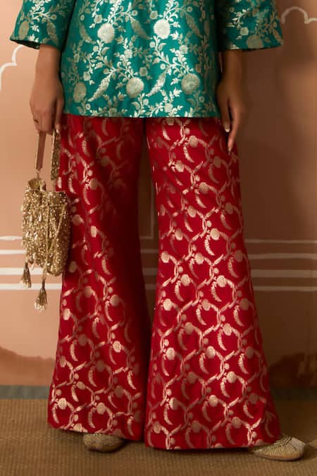 Buy_Tasuvure Indes_Green Brocade, Silk Embroidery, Zari Round Floral Veil Tunic And Flared Pant Set _Online_at_Aza_Fashions