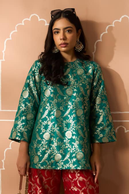 Shop_Tasuvure Indes_Green Brocade, Silk Embroidery, Zari Round Floral Veil Tunic And Flared Pant Set _Online_at_Aza_Fashions