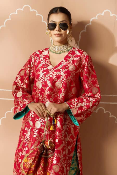 Tasuvure Indes Red Brocade, Silk Embroidery V-neck Floral Veil Tunic And Dhoti Pant Set Online at Aza Fashions Tasuvure Indes_Red Brocade, Silk Embroidery V-neck Floral Veil Tunic And Dhoti Pant Set _Online_at_Aza_Fashions