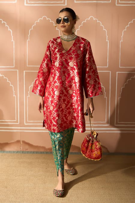 Shop Tasuvure Indes Red Brocade, Silk Embroidery V-neck Floral Veil Tunic And Dhoti Pant Set Online at Aza Fashions Shop_Tasuvure Indes_Red Brocade, Silk Embroidery V-neck Floral Veil Tunic And Dhoti Pant Set _Online_at_Aza_Fashions