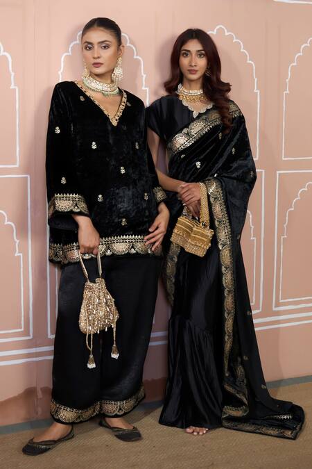 Tasuvure Indes_Black Velvet Embroidery V-neck Floral Tunic And Pant Set_Online_at_Aza_Fashions