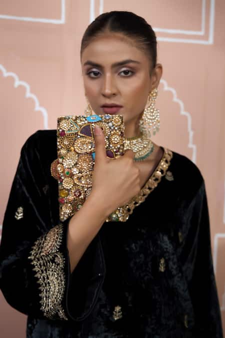 Shop_Tasuvure Indes_Black Velvet Embroidery V-neck Floral Tunic And Pant Set_Online_at_Aza_Fashions