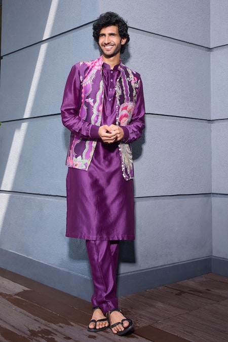 Buy_Mahima Mahajan_Purple Chanderi, Cotton Mirrors, Sequins, Floral Vine Print Nehru Jacket _Online_at_Aza_Fashions
