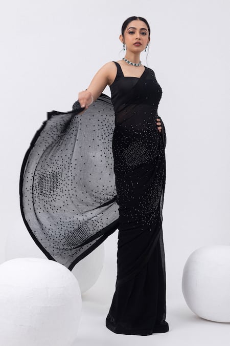 Mehak Sharma_Black Georgette Sequins, Embroidery Square Neck Abstract Hand Saree Set _Online_at_Aza_Fashions