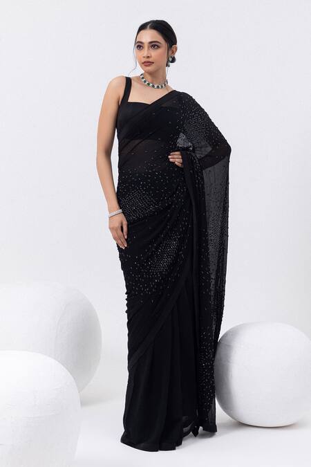 Buy_Mehak Sharma_Black Georgette Sequins, Embroidery Square Neck Abstract Hand Saree Set _Online_at_Aza_Fashions