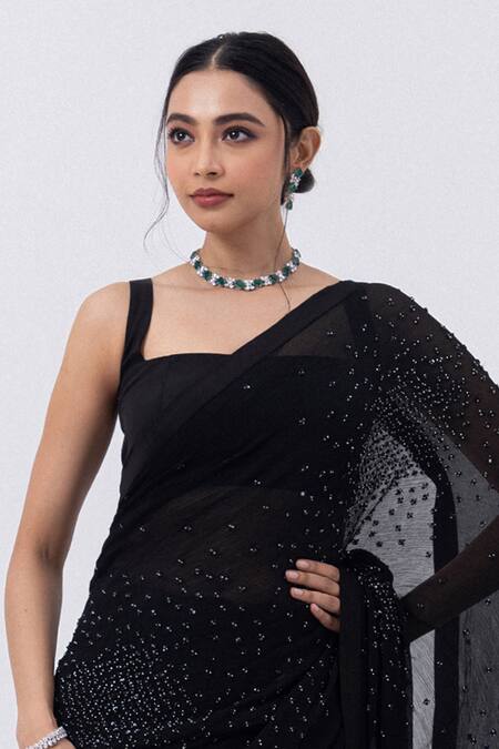 Shop_Mehak Sharma_Black Georgette Sequins, Embroidery Square Neck Abstract Hand Saree Set _Online_at_Aza_Fashions