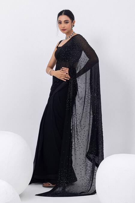 Mehak Sharma_Black Georgette Sequins, Embroidery Square Neck Abstract Hand Saree Set _at_Aza_Fashions