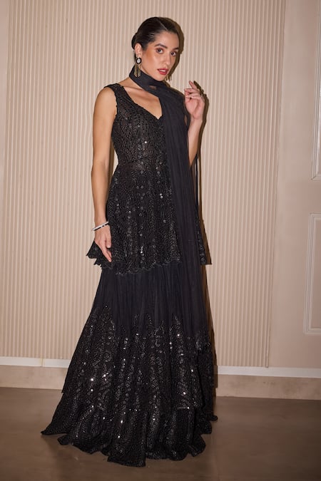 Twenty Nine_Black Tulle Mirrors Applique Layered Lehenga _at_Aza_Fashions